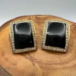 Vintage Black and Gold Tone Earrings with Crystal Accents